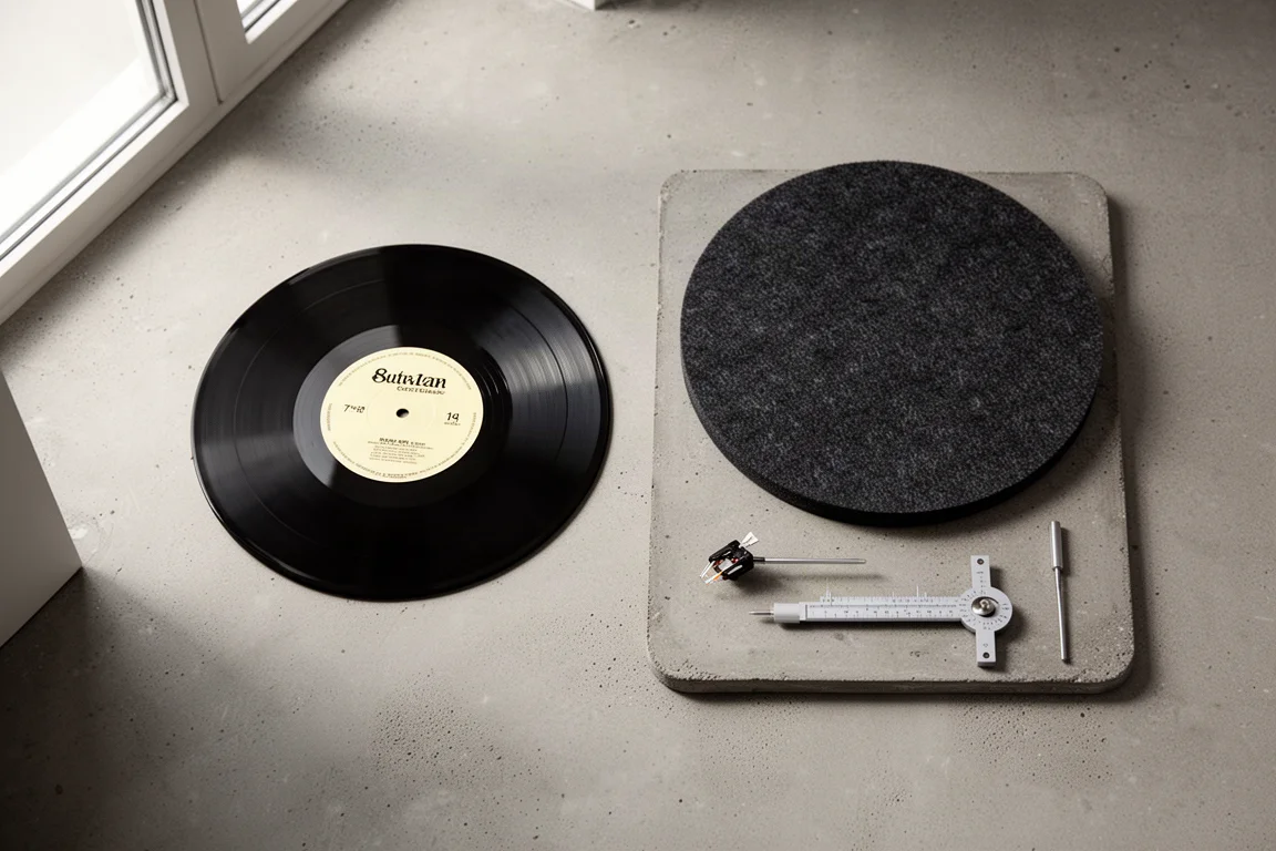Plattegrond van boven van een vinylsingle, vilten mat en naaldkrachtmeter op beton