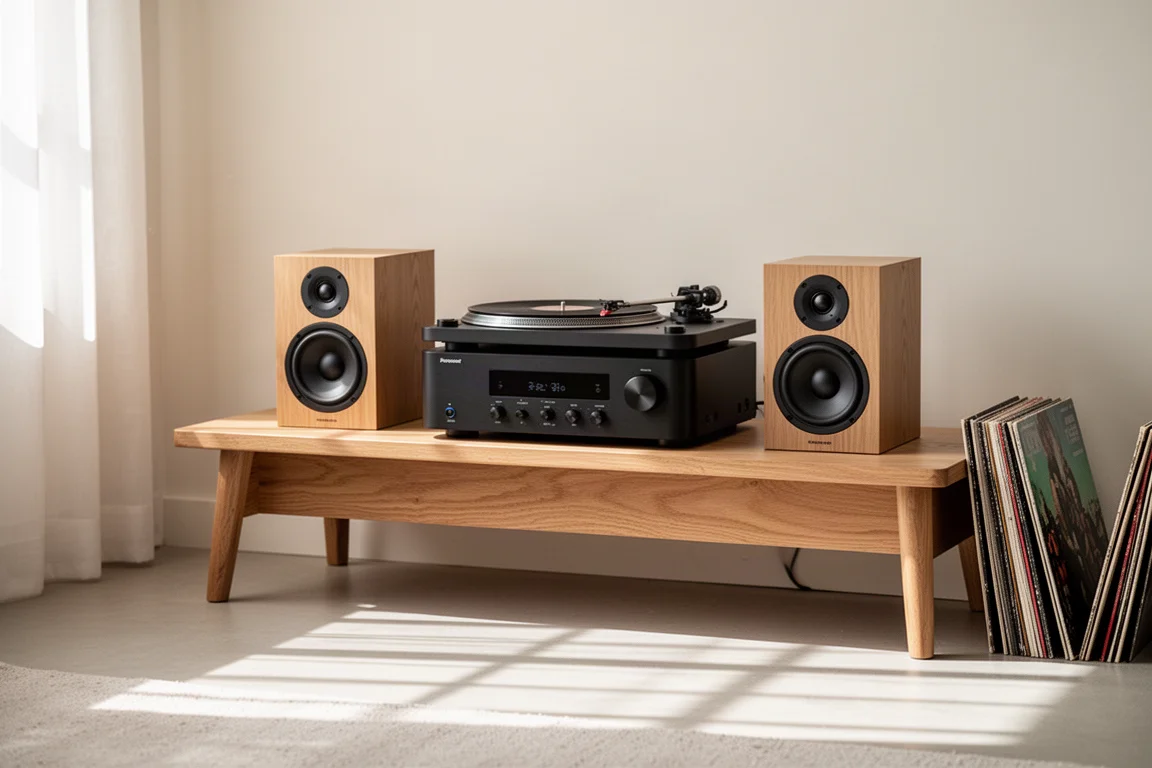 Hi-fi-opstelling in de woonkamer met een platenspeler, versterker en boekenplankspeakers