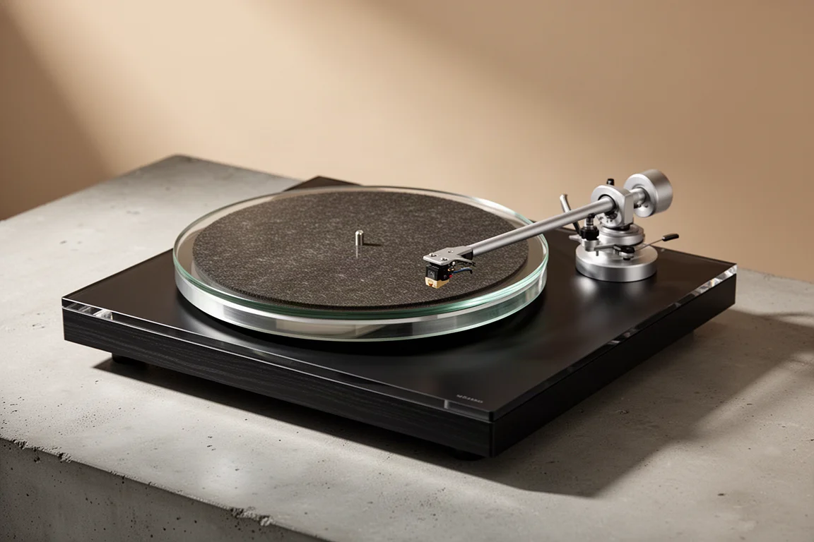 Belt-drive turntable with black plinth, glass platter and slim aluminium tonearm on concrete