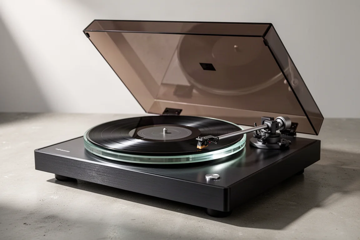Rega Planar 3 RS Edition turntable with glass platter, tonearm, and smoked dust cover