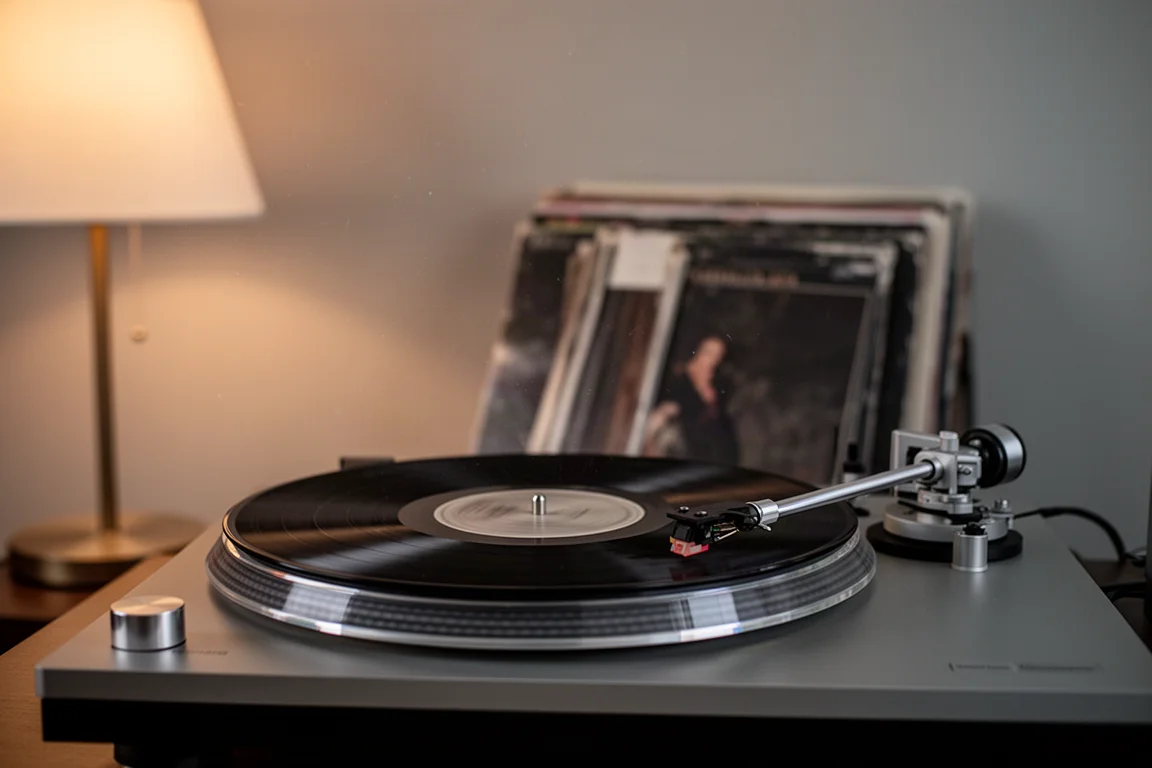 Draaitafel die een vinylplaat afspeelt in een zacht verlichte luisterruimte bij schemering