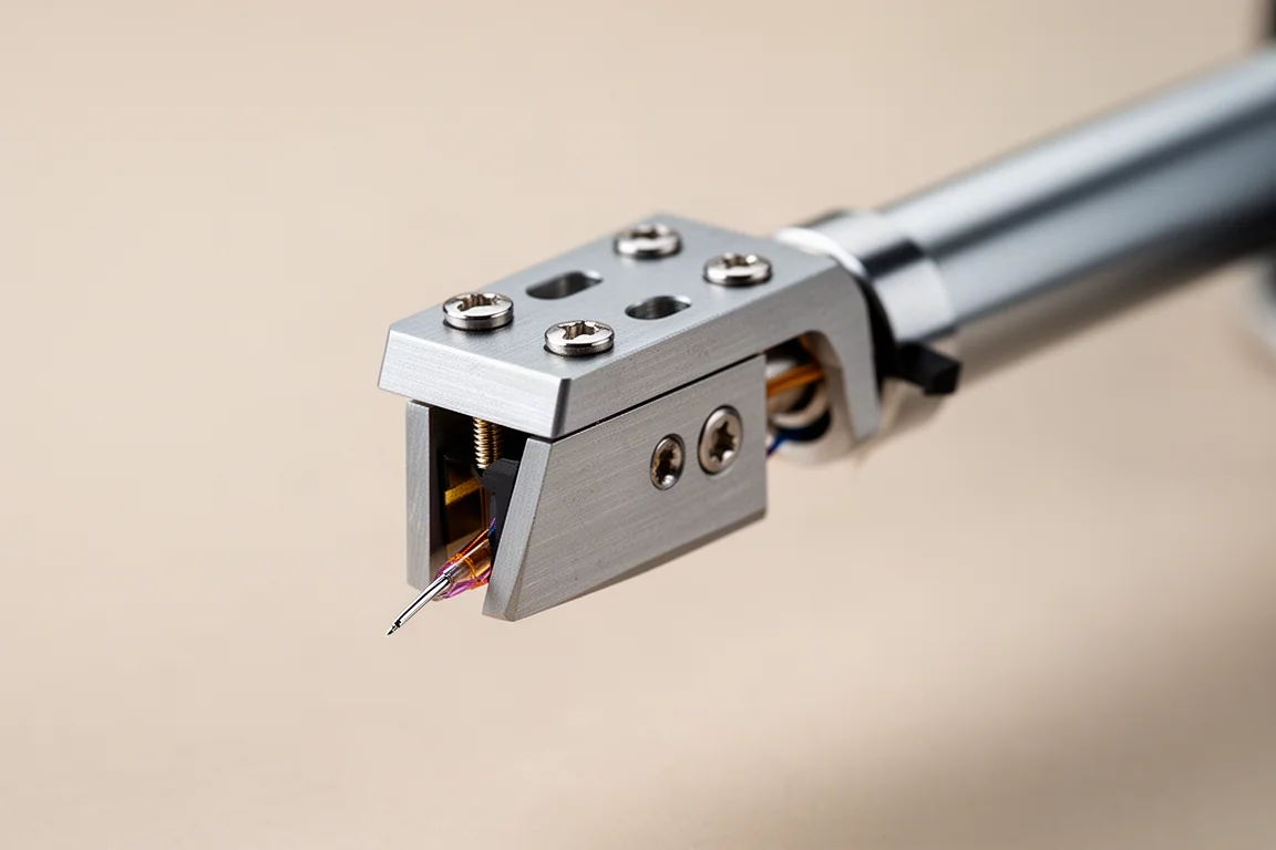 Macro-opname van een phonoelement en naald gemonteerd in de headshell van een toonarm