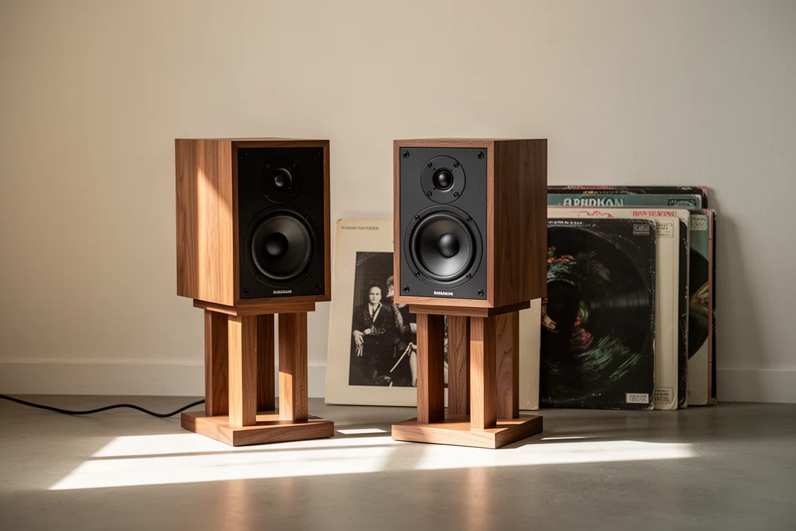 Hi-fi luidsprekers op houten stands met vinylhoezen in een minimalistische woonkamer