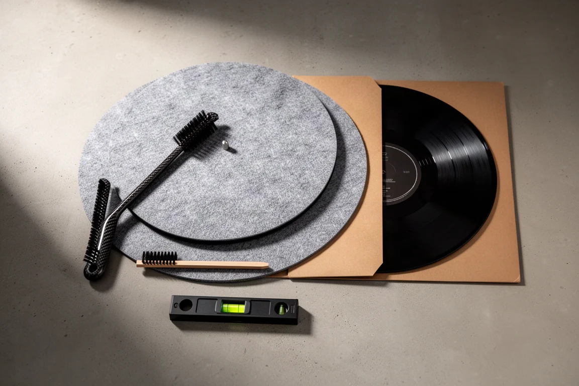 Flat lay van draaitafelaccessoires en een vinylplaat op een betonnen oppervlak