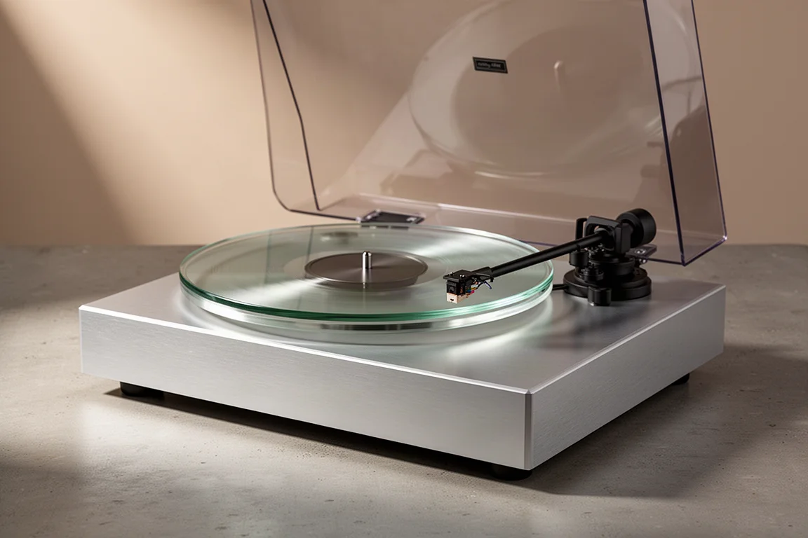 Belt-drive turntable with brushed aluminium plinth and clear glass platter on concrete