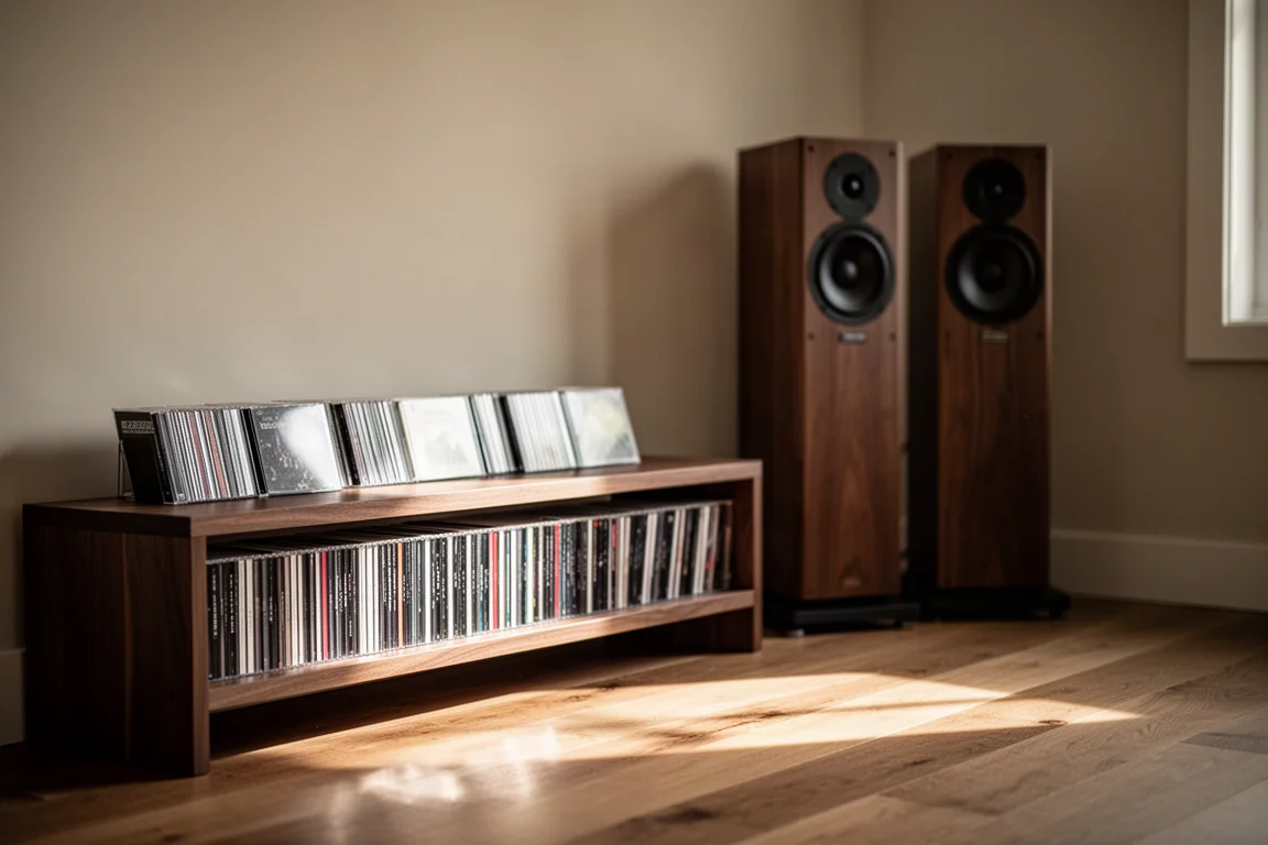 Coin d'une salle d'écoute avec des étagères de CD et des enceintes sur pieds dans une lumière chaude d'après-midi