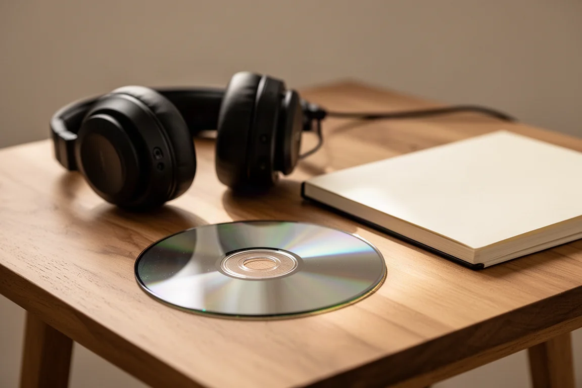 Disque compact sur une table en bois à côté d'un casque dans la lumière chaude d'une fenêtre
