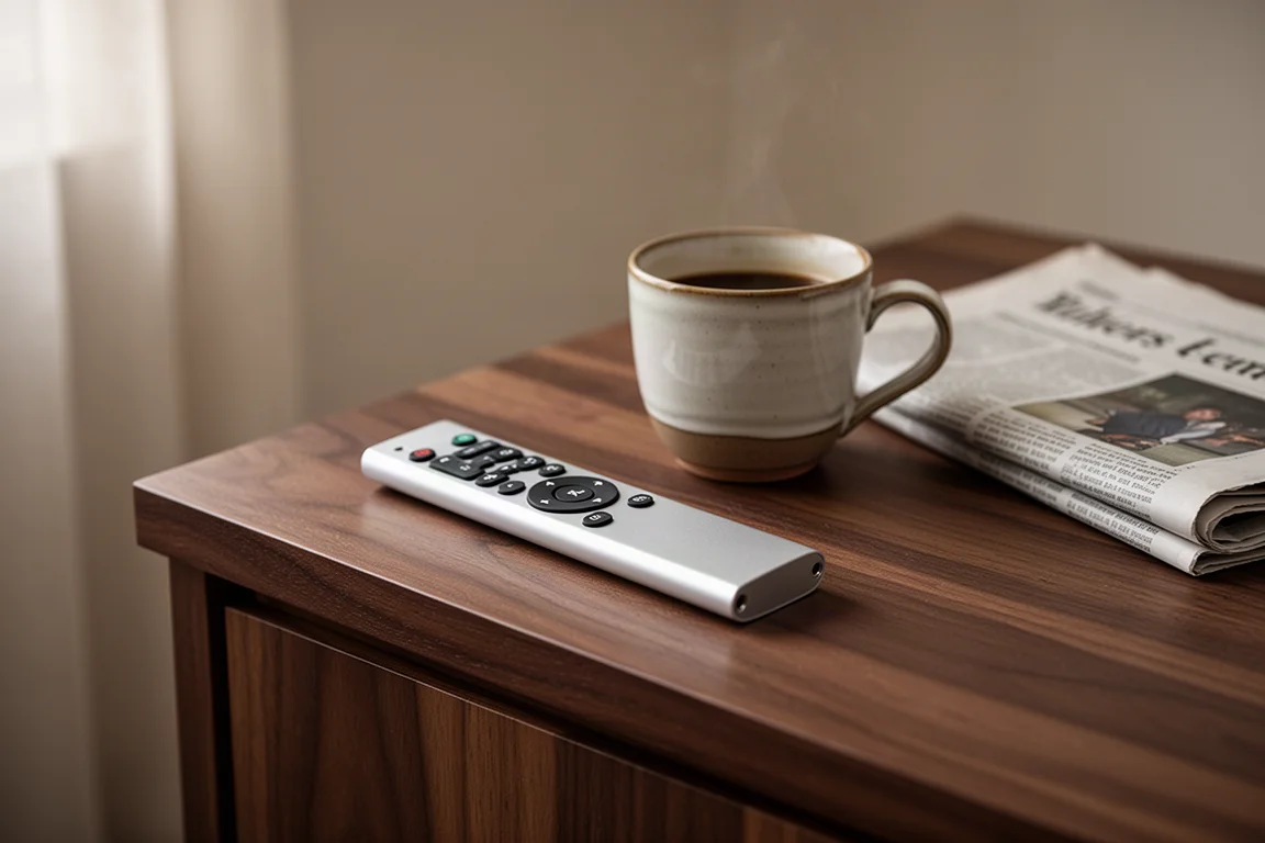 Télécommande fine en aluminium sur une table en chêne foncé à côté d'une tasse de café