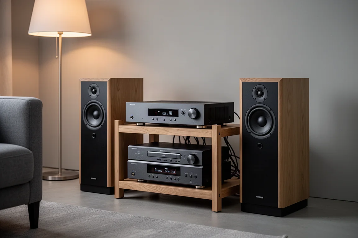 Rack hi-fi compact avec amplificateur, lecteur CD et enceintes bibliothèques dans un salon