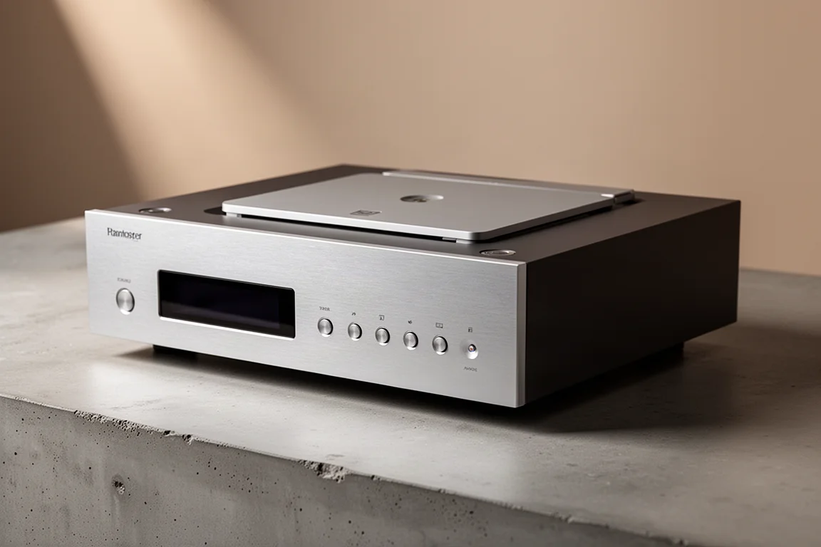 Slim silver hi-fi CD player with a top-loading lid on a matte concrete surface