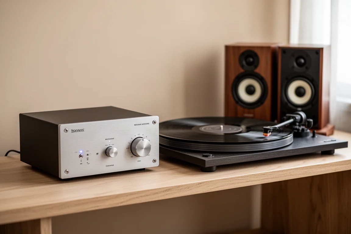 Compact hi-fi amplifier and turntable on a wooden shelf