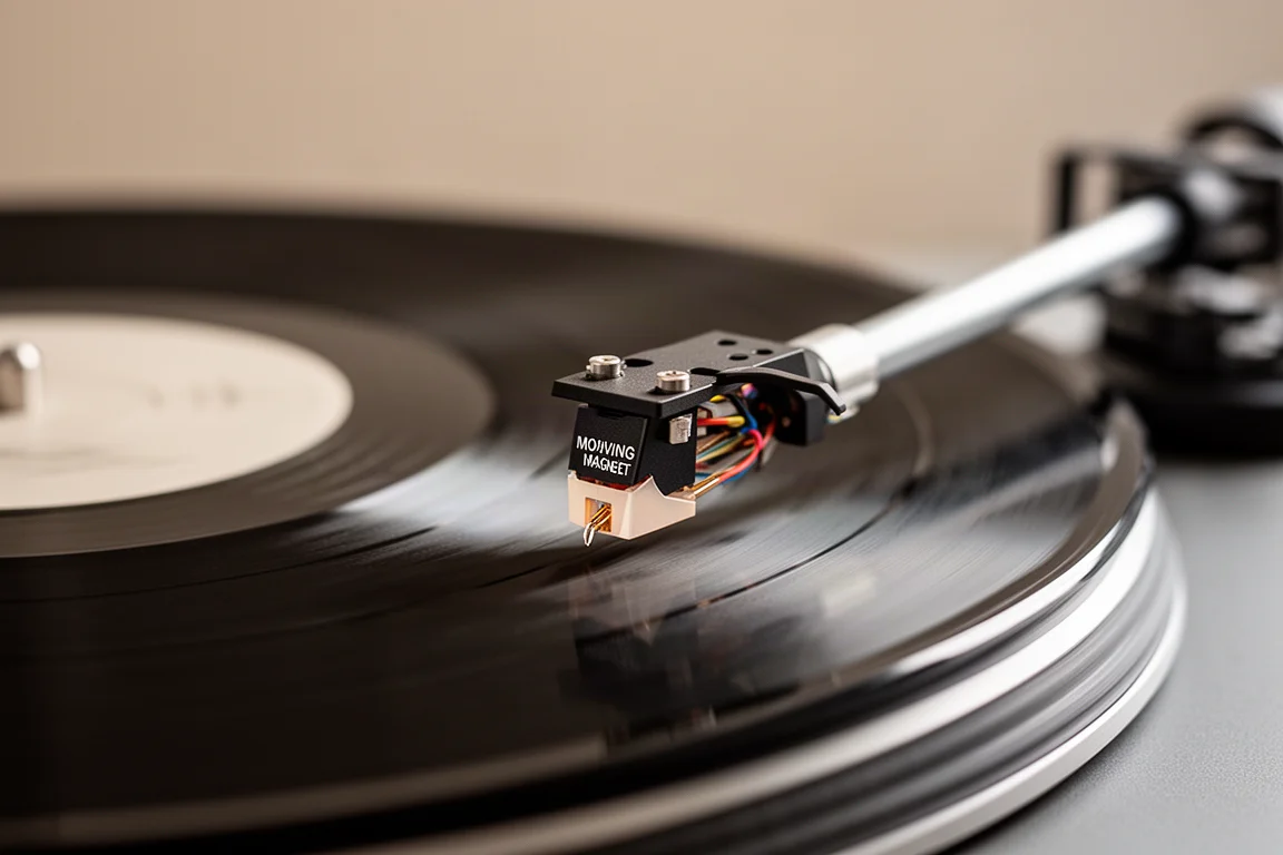 Close-up of a turntable tonearm and cartridge tracking a vinyl record