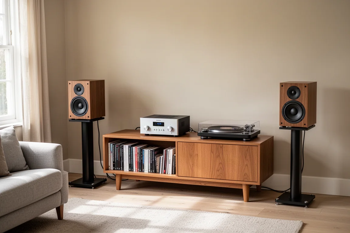 Living room listening setup with speakers and amplifier