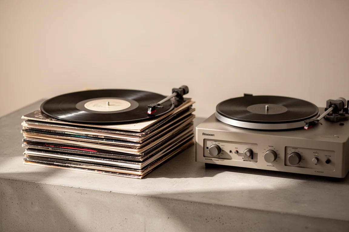 Vinyl record collection beside a hi-fi system