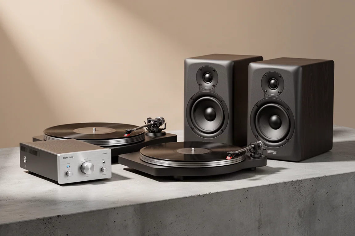 Compact Rega System One hi-fi setup with amplifier, turntable, and bookshelf speakers