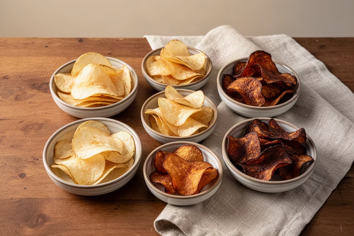 Una selección de patatas fritas de barbacoa en cuencos pequeños sobre una mesa de madera