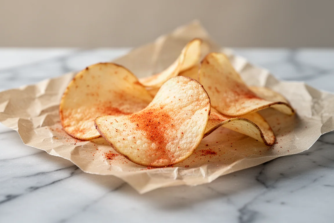 Patatas fritas de barbacoa extremadamente finas y delicadas sobre papel de horno