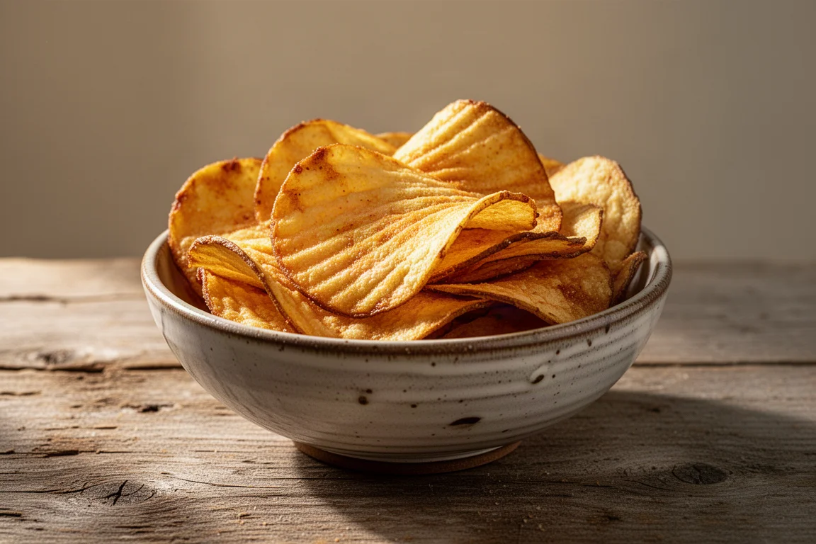 Robustas patatas fritas doradas en un cuenco de cerámica rústico