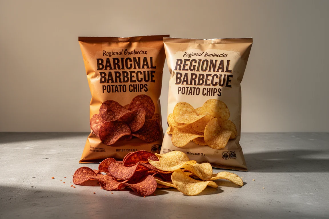 Two bags of barbecue potato chips with scattered chips on a concrete surface