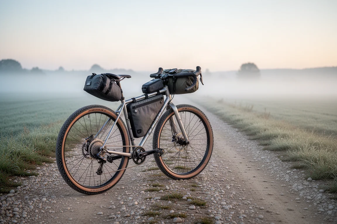 Gravelbike mit Bikepacking-Taschen auf nebliger Schotterpiste im Morgengrauen