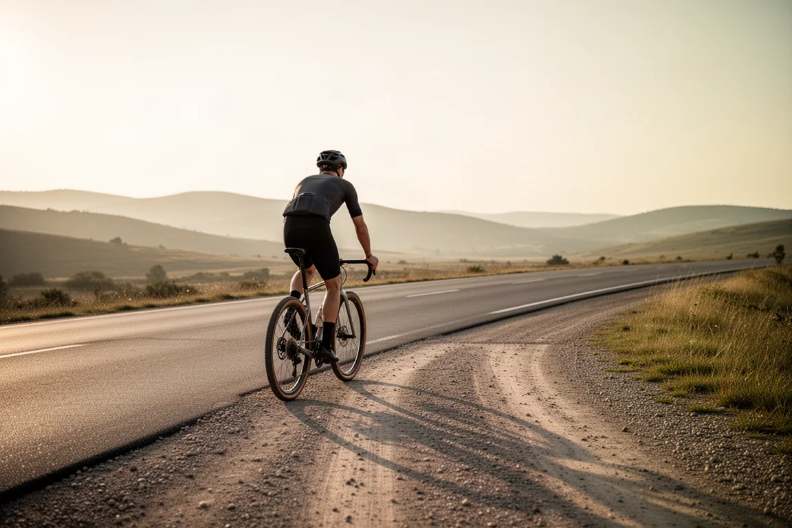 Radfahrer von hinten, wie er bei Goldener Stunde von Asphalt auf einen Schotterweg wechselt