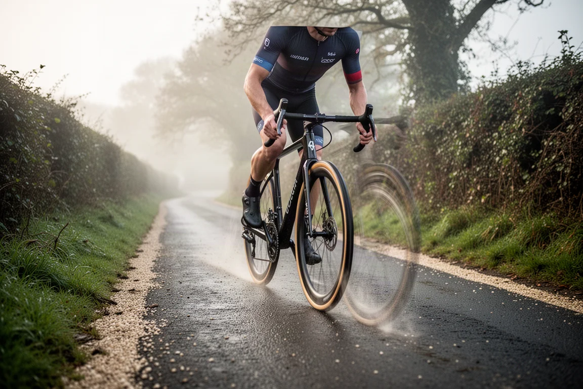 Cycliste gravel roulant sur un vélo en carbone le long d'une petite route de campagne dans une douce lumière matinale