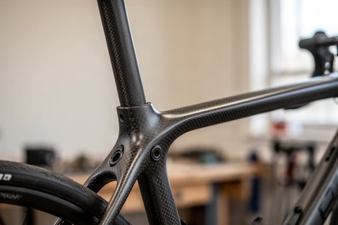 Gros plan sur un cadre de gravel en carbone montrant le raccord de selle sculpté et la tige de selle apparente