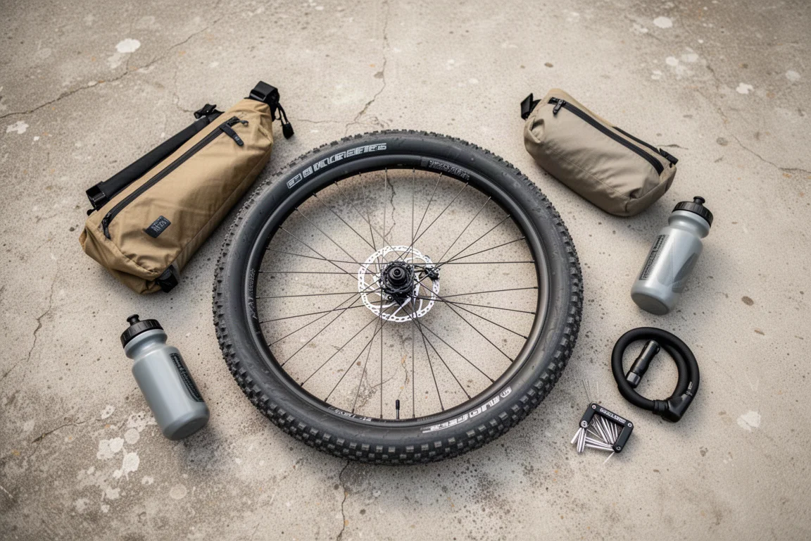 Vue à plat de l'équipement de gravel à côté d'une roue à pneu large à crampons