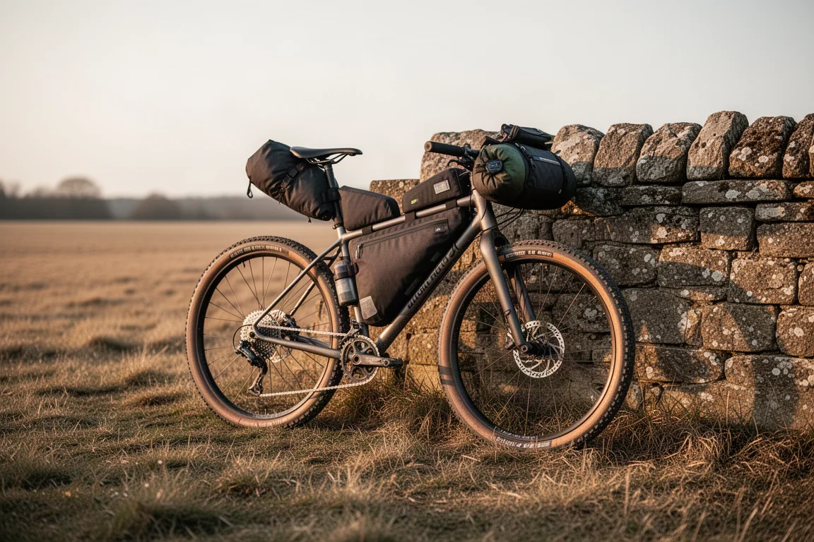 Configuration bikepacking chargée sur un vélo gravel appuyé contre un mur en pierre à la campagne