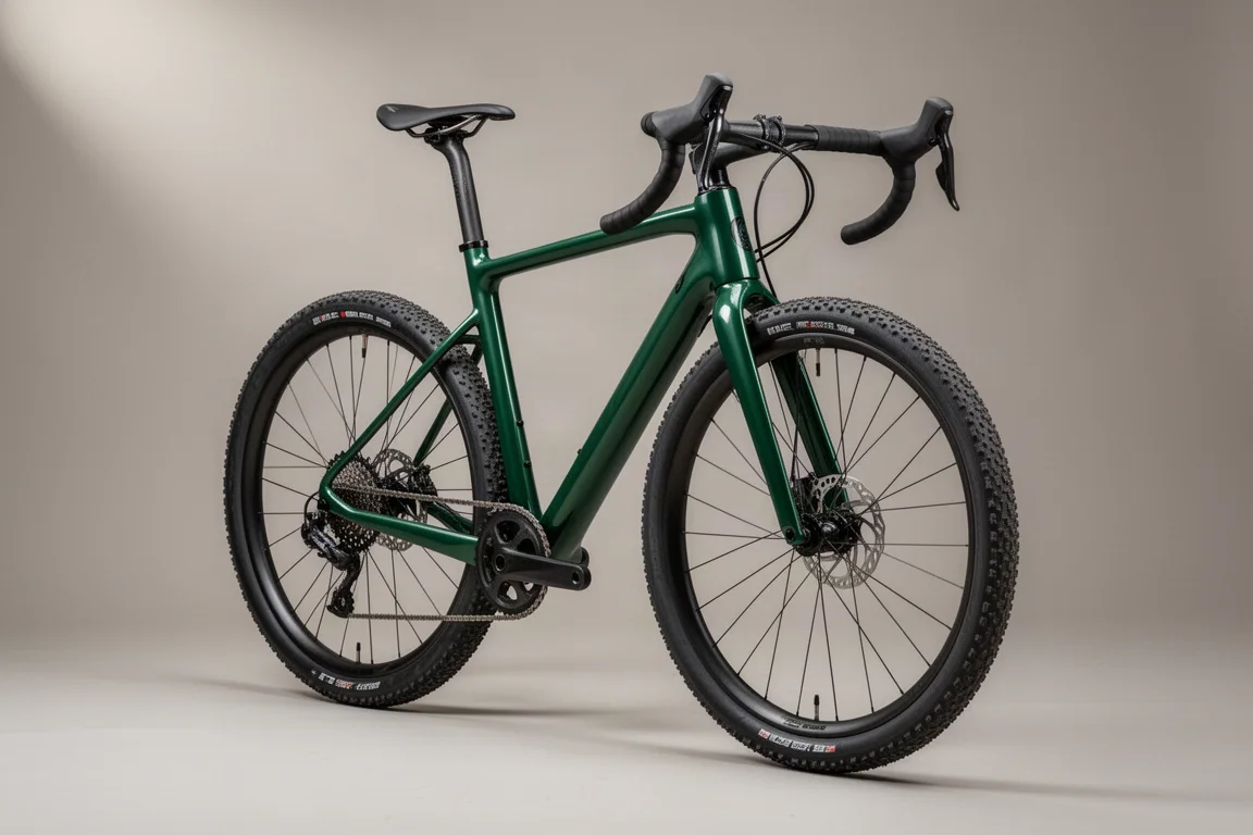 Grünes Carbon-Gravelbike in Seitenansicht auf mattem Betonboden fotografiert