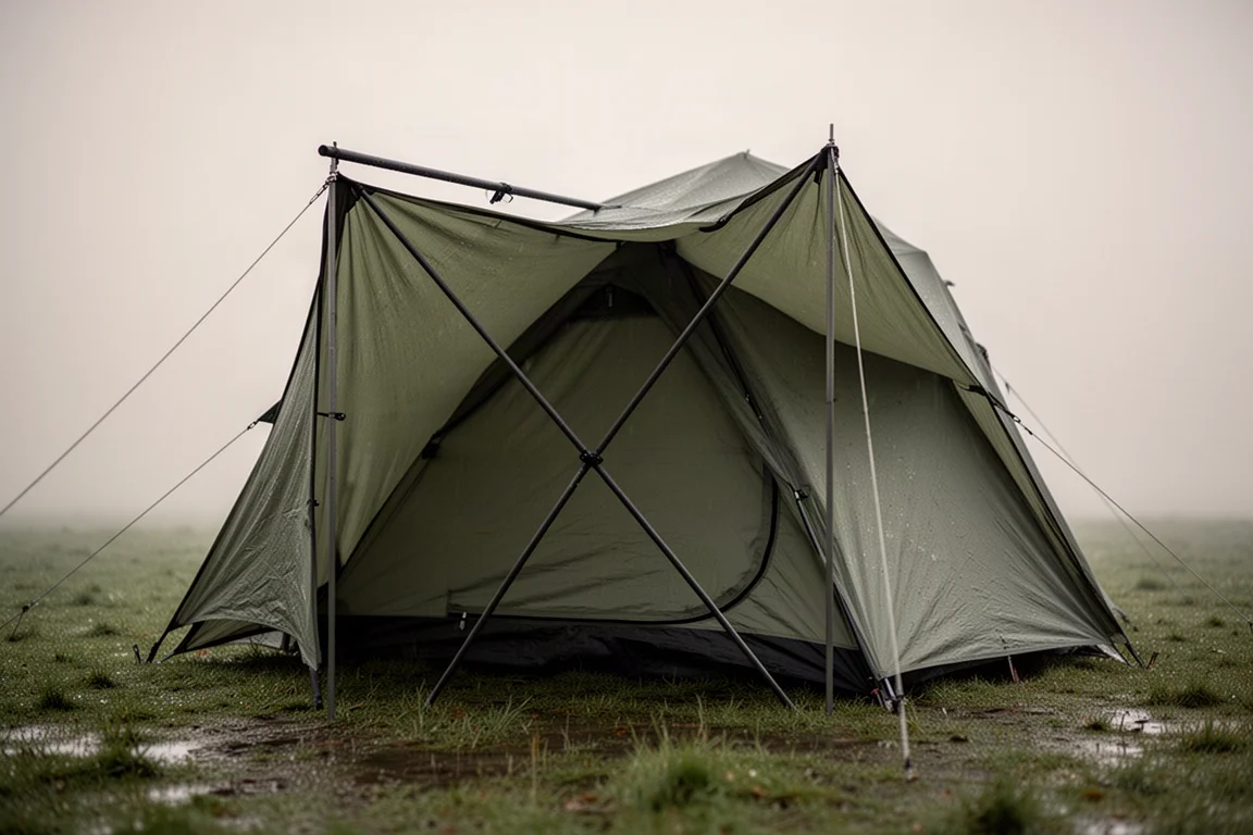 Zweipersonenzelt aufgeschlagen bei starkem Dauerregen auf einem grasbewachsenen Campingplatz