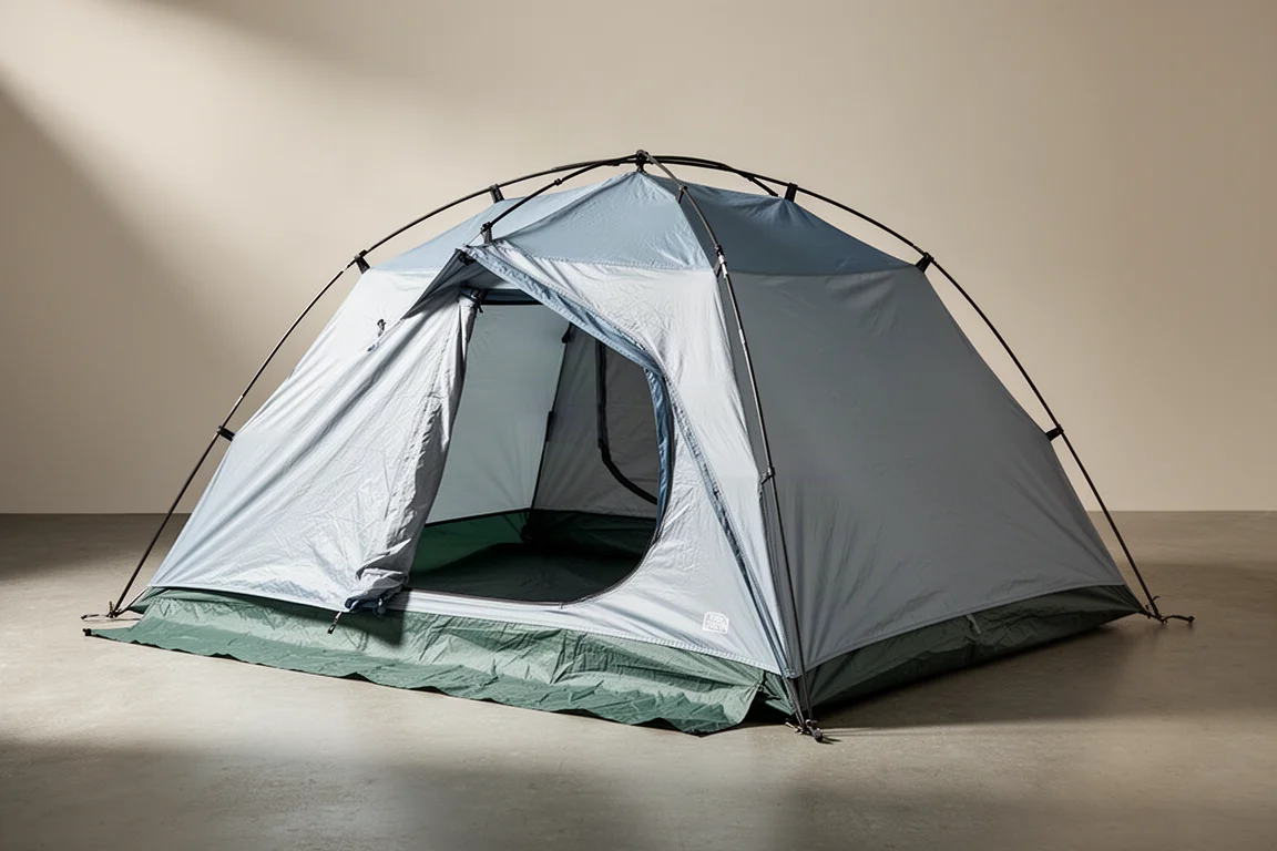 All-season two-person dome tent with full coverage rainfly pitched on a grey backdrop