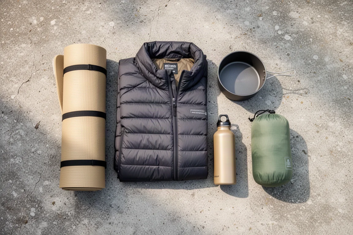 Overhead flat-lay of backpacking essentials arranged on weathered grey concrete