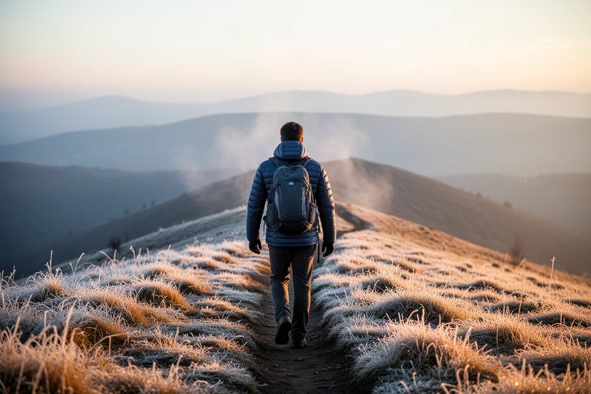 Hiker in a quilted down jacket walking a frosty ridge trail at dawn