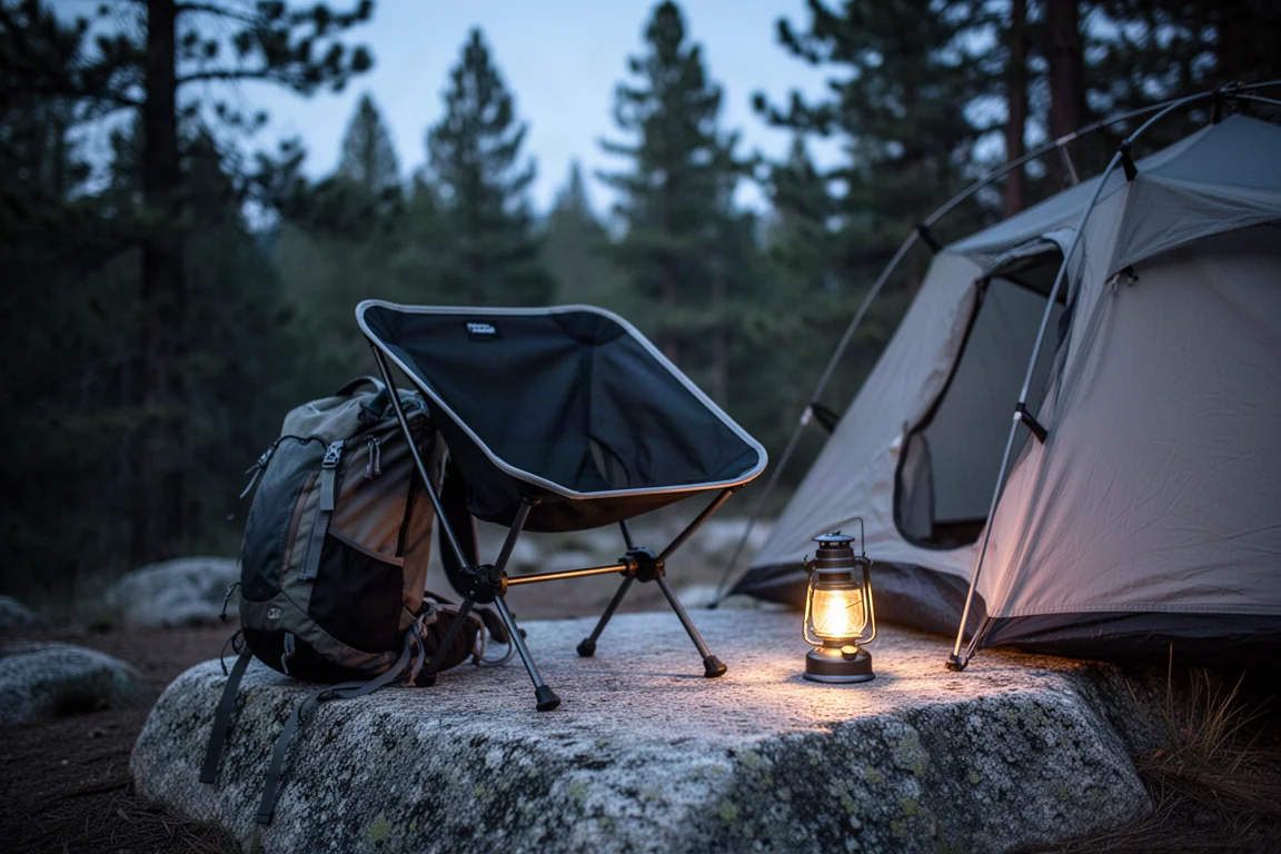Lightweight camp chair set up beside a small tent on a granite slab at dusk