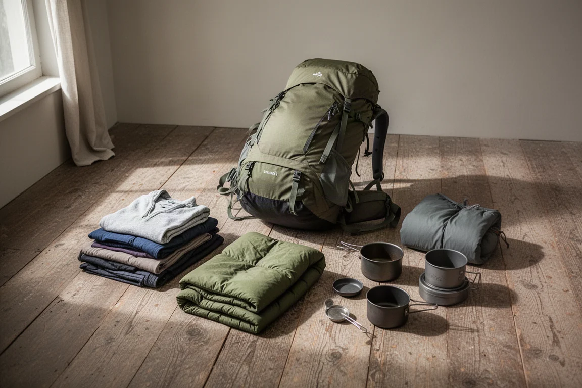 Open backpacking pack on a wooden floor with gear sorted into three piles