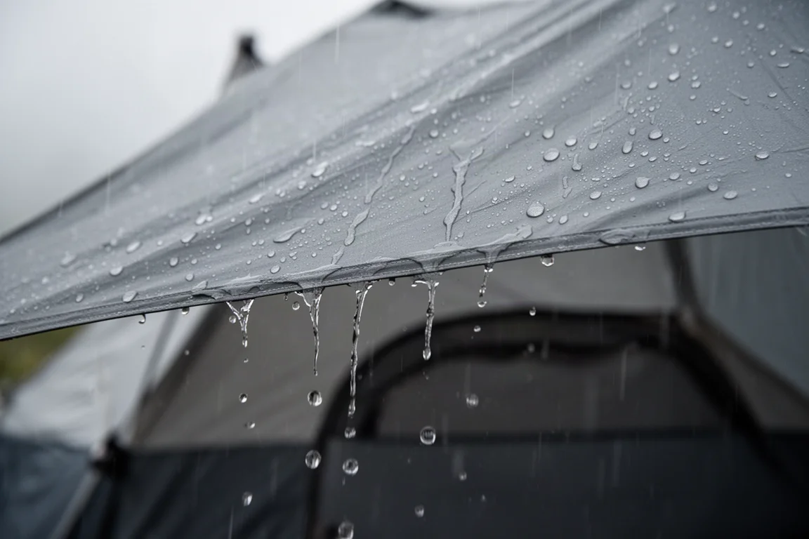 Acqua piovana che scivola via dal telo esterno di una tenda e gocciola a terra