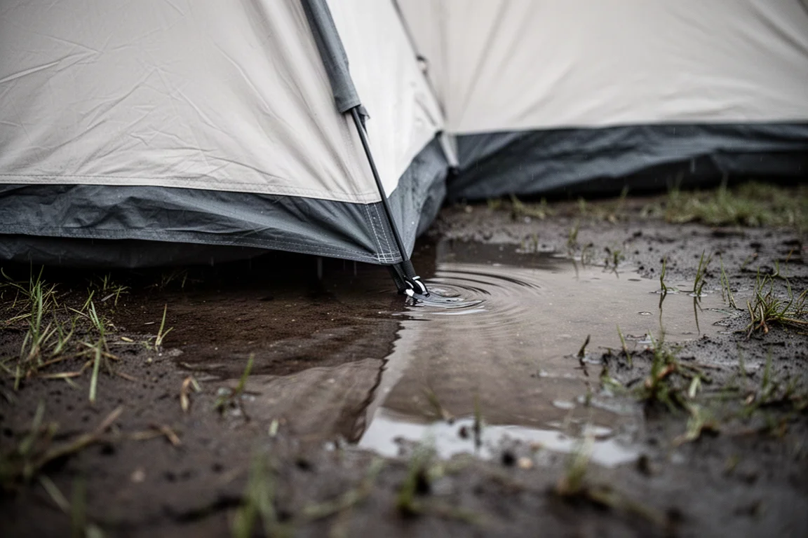 Acqua stagnante che si raccoglie alla base di una tenda su terreno allagato