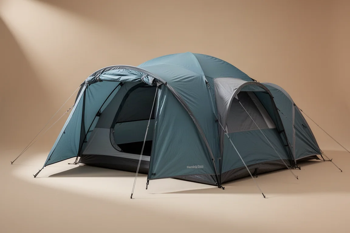 Large family camping tent with a full-length rainfly and two vestibules on a neutral backdrop