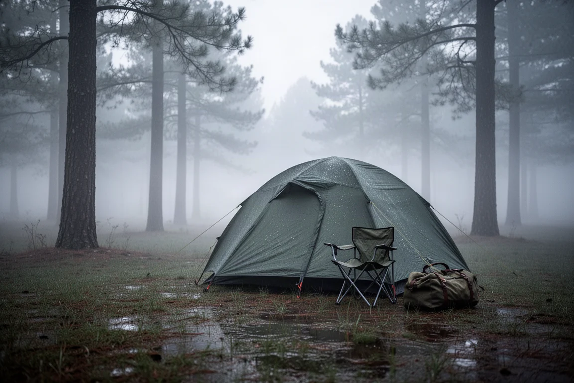 Tenda a cupola in un campeggio all'alba nebbiosa, con erba bagnata e pini