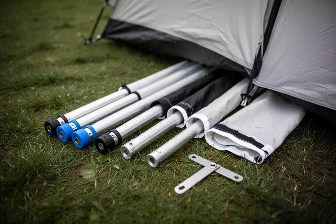 Pali in alluminio per tenda con codice colore sull'erba accanto alle relative guaine in tessuto