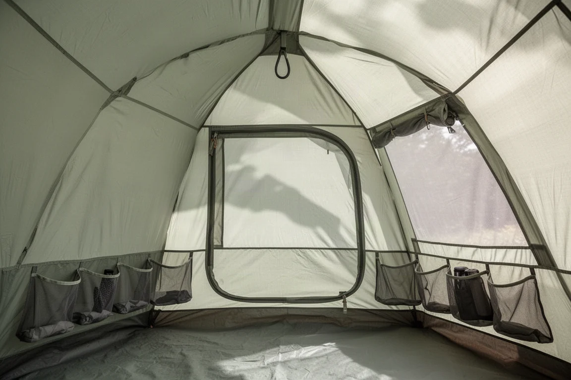 Interno della tenda con tasche in rete sulle pareti e un anello di sospensione sul soffitto