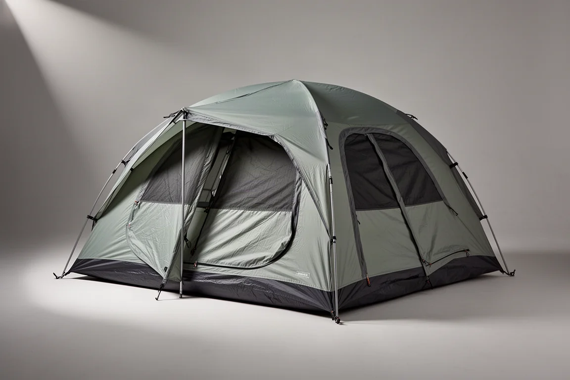 Six-person dome camping tent with full-coverage rainfly on a grey studio backdrop