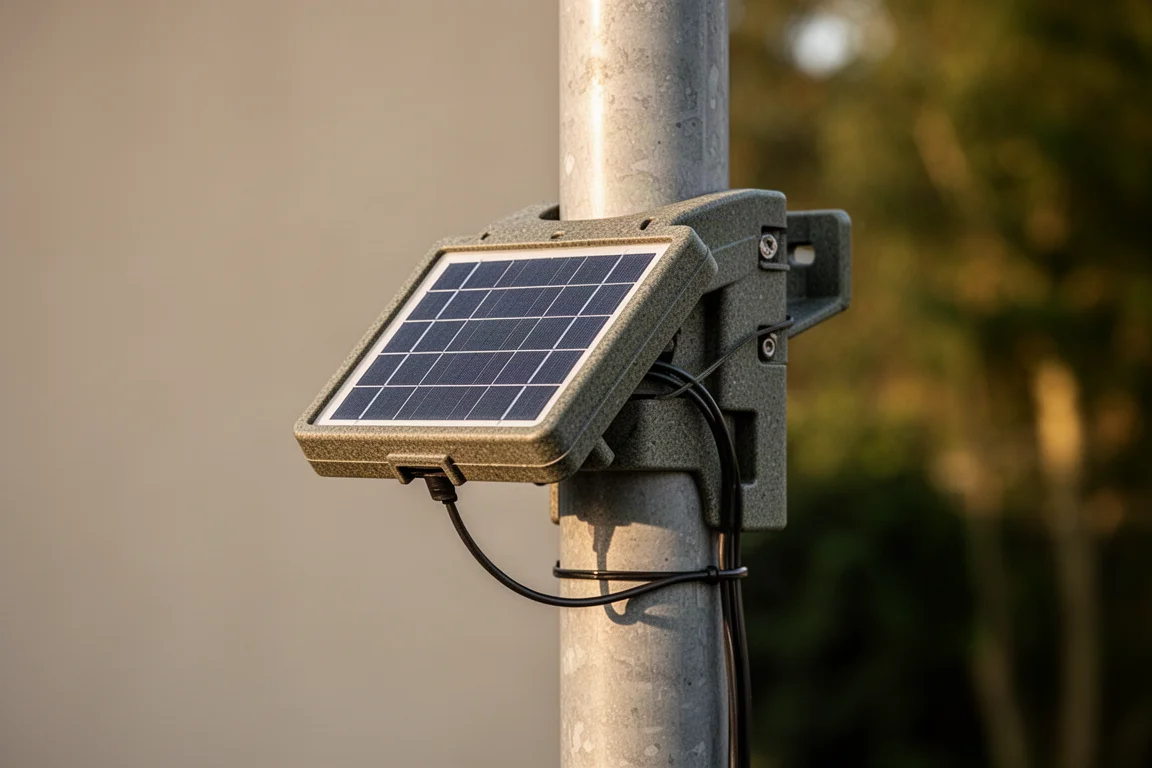 Panel solarny przymocowany do kołnierza inteligentnego karmnika na słupku montażowym