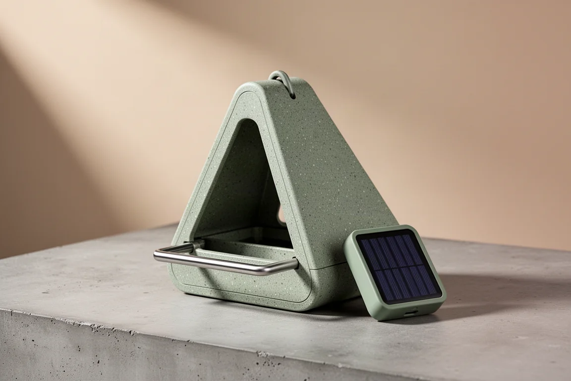REI Birdie Smart Feeder GreenTuff z metalową grzędą i panelem solarnym na betonowej powierzchni