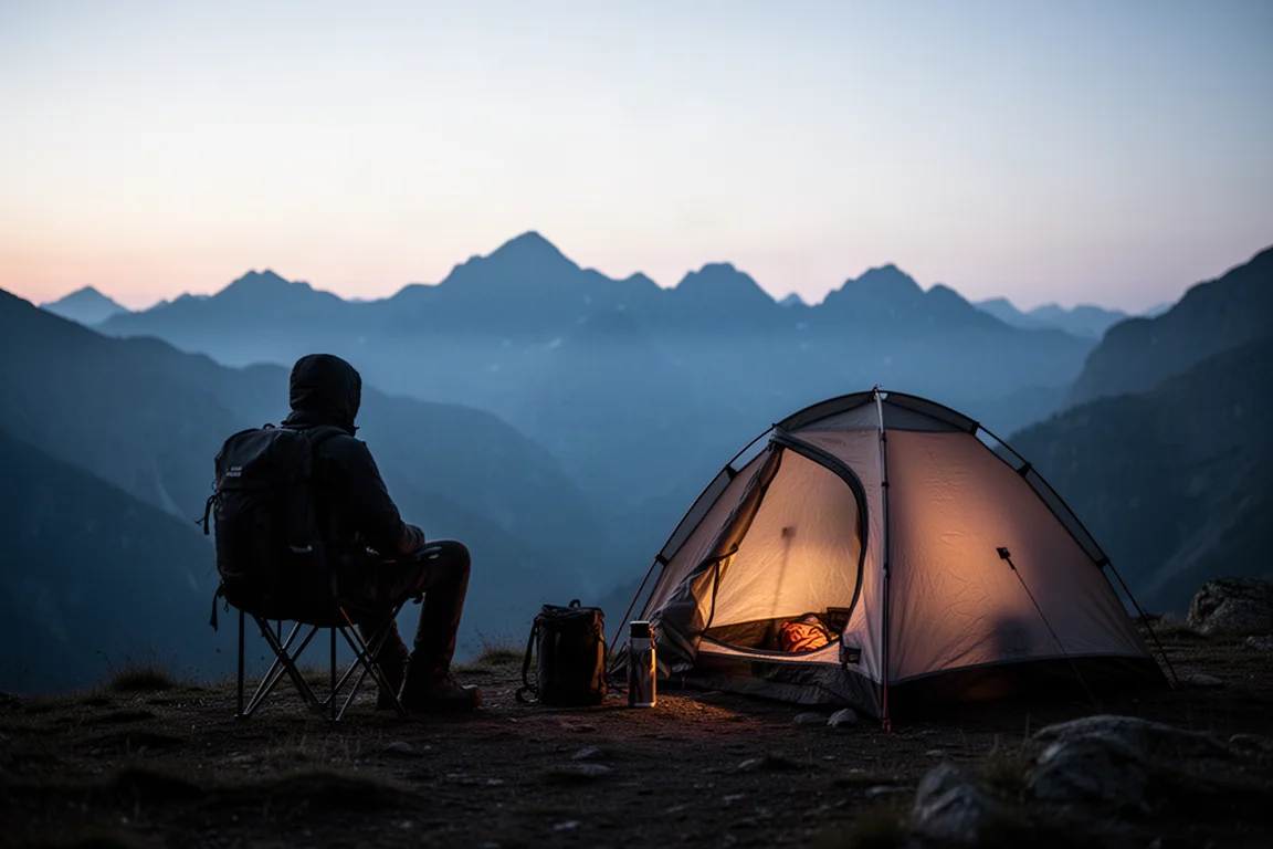 Niedriger Campingstuhl am Kiesufer eines Sees in der Dämmerung, daneben ein Kocher und eine Tasse