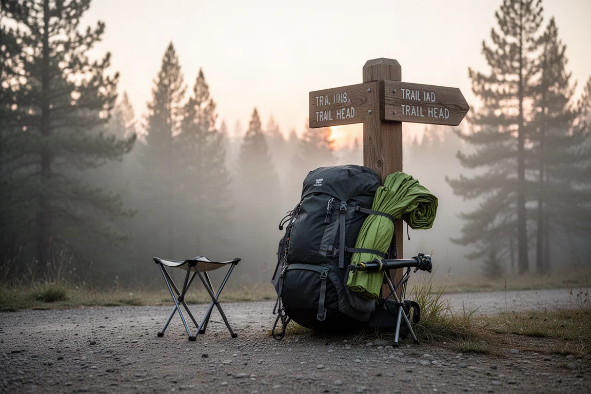 Beladener Wanderrucksack lehnt an einem Granitfelsen an einem nebligen Trailhead