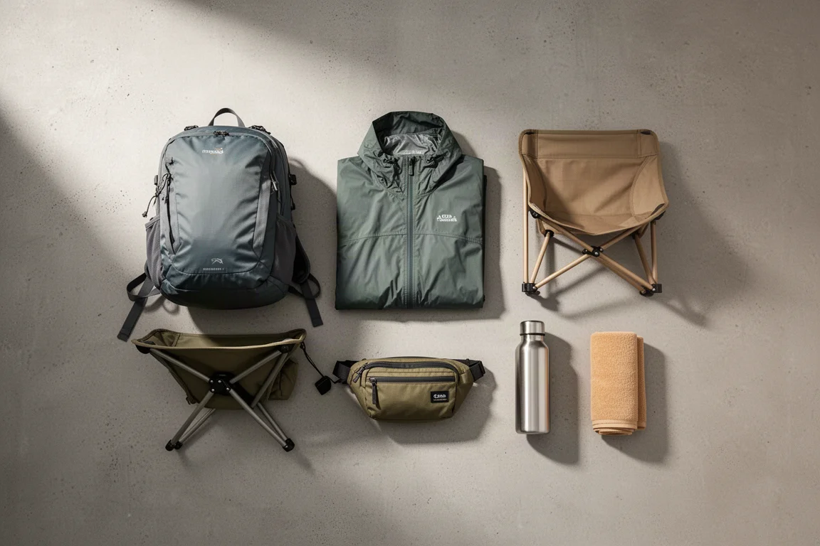 Outdoor gear flat-lay with backpack, rain jacket, camp chair, hip pack, and bottle on concrete