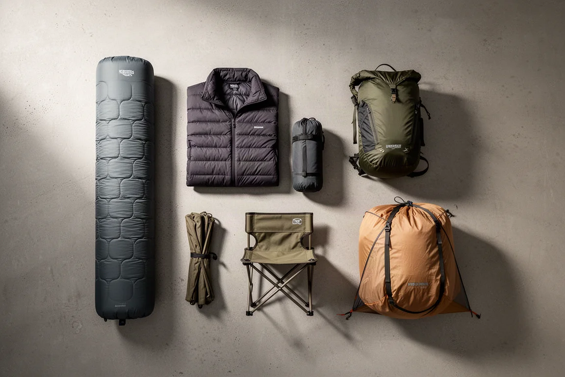 Flat lay di attrezzatura da backpacking con materassino, piumino, zaino, sedia da campeggio e tenda