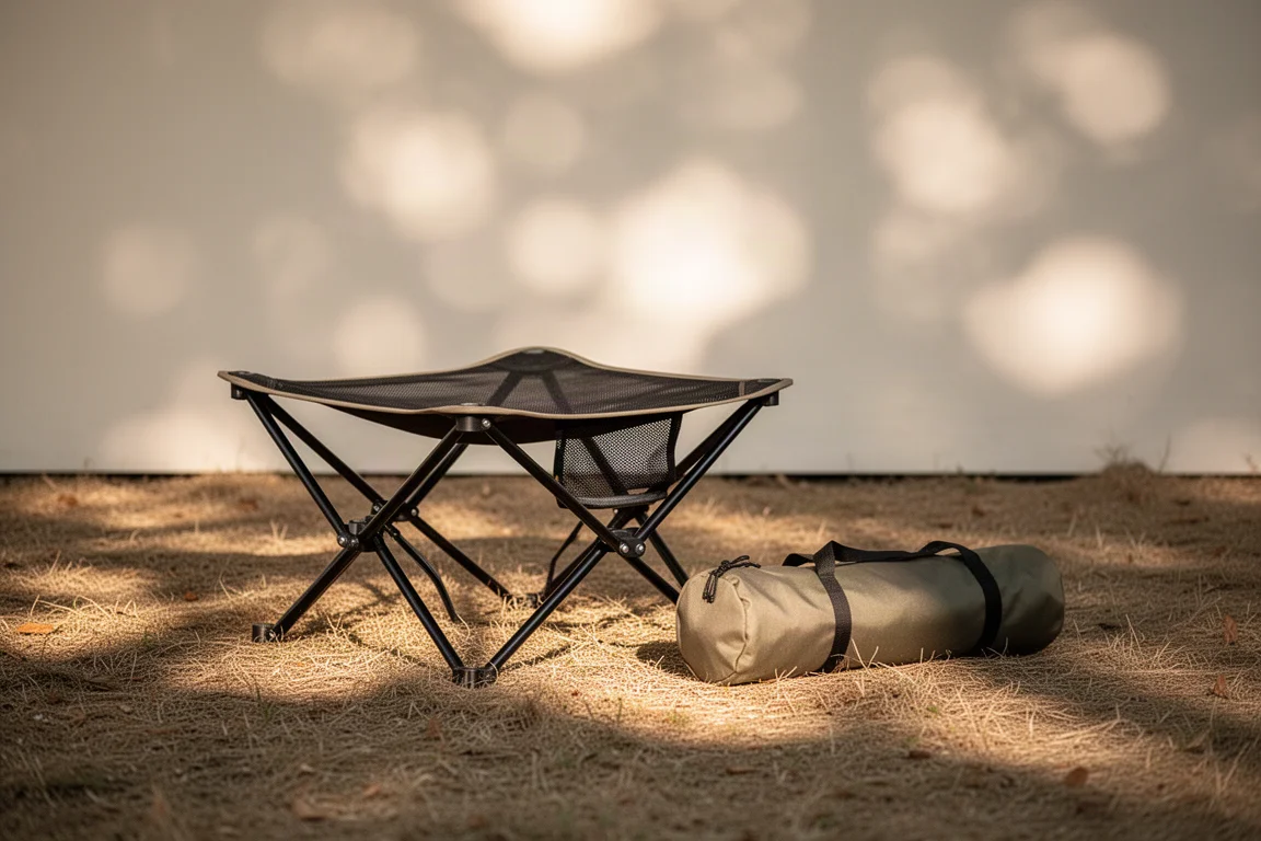 Folded camp chair with steel frame resting on grass beside a packed carry bag